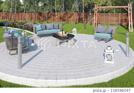 Landscaped backyard with circular stone patio, teal furniture and wooden swing. 3D render exterior Landscaped backyard with circular stone patio, teal furniture and wooden swing. 3D render exterior 138596547