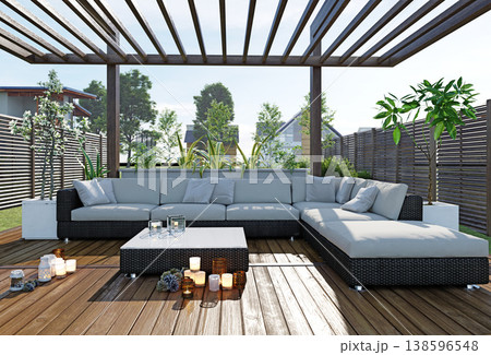 3D render of a modern outdoor patio. Grey wicker sectional sofa on a wooden deck under a pergola 138596548