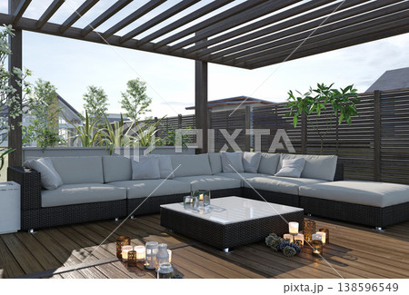 3D render of outdoor wooden terrace under pergola. Grey wicker sectional sofa and lit candles 3D render of outdoor wooden terrace under pergola. Grey wicker sectional sofa and lit candles 138596549