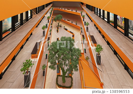 Elevated 3D render of a modern shopping mall interior. Orange commercial atrium with indoor trees 138596553