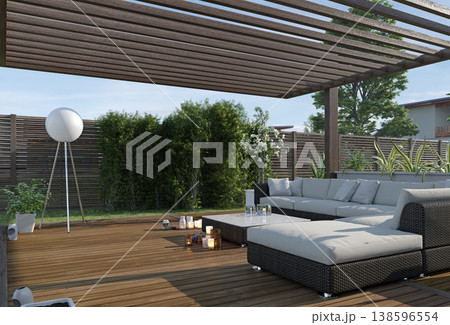 Modern backyard terrace with wooden deck under a pergola. 3D render of outdoor lounge furniture 138596554