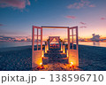 Radiant dreamy sandbank beach wedding elegant candles decoration romance love, majestic sunset ocean sky honeymoon destination, captivating breathtaking tropical couple travel design wallpaper  art 138596710
