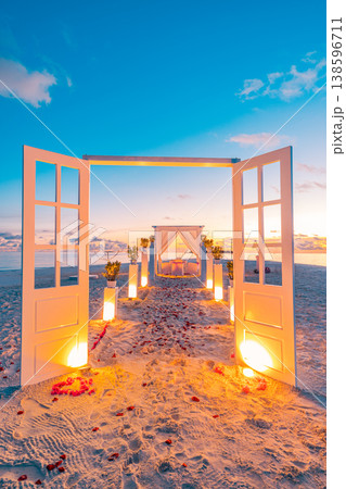 Gorgeous romantic sandbank wedding sunset ocean sky view radiant elegant candles decoration dreamy honeymoon destination, breathtaking tropical love couple travel design landscape background wallpaper Gorgeous romantic sandbank wedding sunset ocean sky view radiant elegant candles decoration dreamy honeymoon destination, breathtaking tropical love couple travel design landscape background wallpaper 138596711