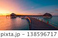 Breathtaking picturesque maldives water villas pier calm ocean lagoon, radiant sunset sky clouds, gorgeous luxury summer resort, perfect tourism travel tropical landscape background wallpaper 138596717