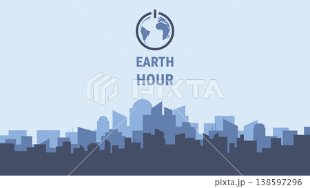 Earth Hour concept with city skyline silhouette and turn off button as planet earth shape Earth Hour concept with city skyline silhouette and turn off button as planet earth shape 138597296