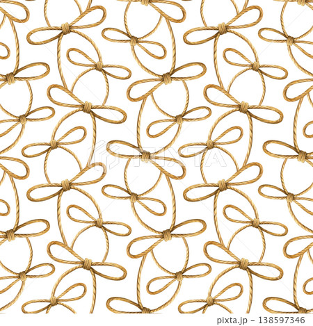 Watercolor seamless pattern of twisted rope tied into repeating bows. Realistic hand-painted style. Ideal for frames, packaging edges, invitations, textiles and nautical-themed designs Watercolor seamless pattern of twisted rope tied into repeating bows. Realistic hand-painted style. Ideal for frames, packaging edges, invitations, textiles and nautical-themed designs 138597346