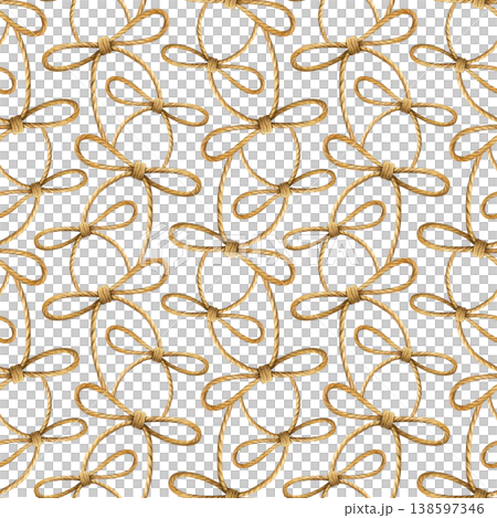 Watercolor seamless pattern of twisted rope tied into repeating bows. Realistic hand-painted style. Ideal for frames, packaging edges, invitations, textiles and nautical-themed designs Watercolor seamless pattern of twisted rope tied into repeating bows. Realistic hand-painted style. Ideal for frames, packaging edges, invitations, textiles and nautical-themed designs 138597346