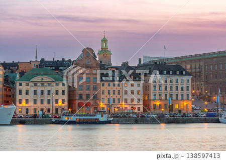 Stockholm waterfront buildings at sunset with Gamla Stan skyline, Sweden 138597413