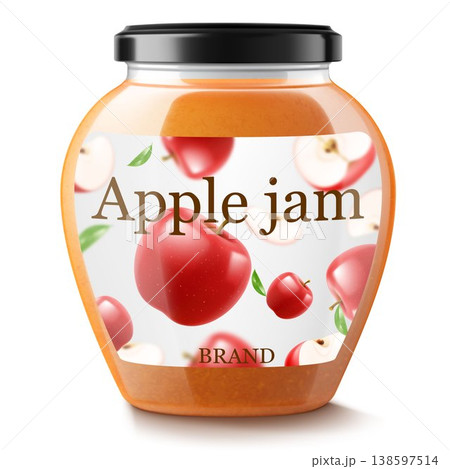 Jar with apple jam isolated on white background. Homemade apple jam in a glass jar. Realistic 3d vector illustration. Mockup for your brand. 138597514
