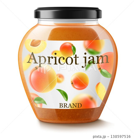Jar with apricot jam isolated on white background. Canned apricot in a glass jar with lid and paper label, Realistic 3d vector illustration. Mockup , preserve in packaging. Jar with apricot jam isolated on white background. Canned apricot in a glass jar with lid and paper label, Realistic 3d vector illustration. Mockup , preserve in packaging. 138597516