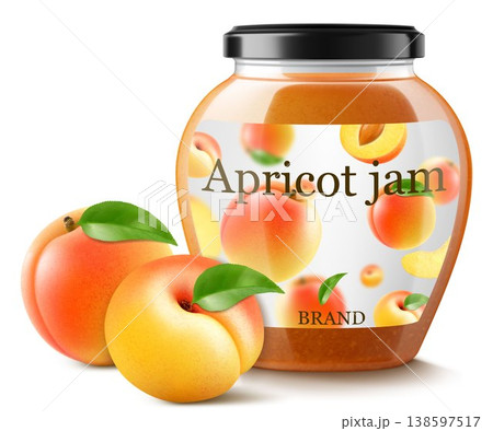 Jar with apricot jam isolated on white background. Canned apricot in a glass jar with lid and paper label, Realistic 3d vector illustration. Mockup , preserve in packaging. 138597517