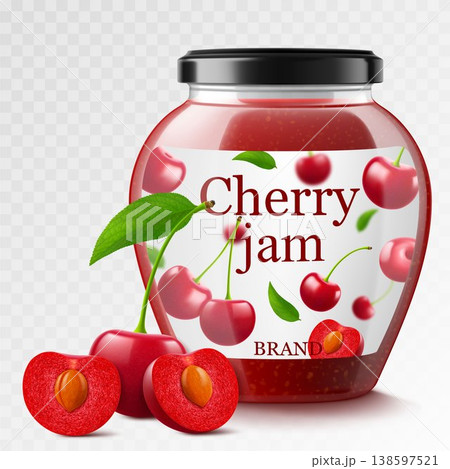 Cherry jam in glass jar and fresh berry isolated on white background. Realistic 3d vector Illustration. Glass Jar with Preserved Cherry Compote or Jam, confiture or marmalade . Cherry jam in glass jar and fresh berry isolated on white background. Realistic 3d vector Illustration. Glass Jar with Preserved Cherry Compote or Jam, confiture or marmalade . 138597521