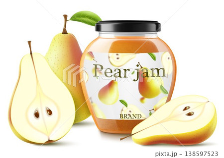 Glass jar with pear Jam isolated on white . Homemade fruit jam, natural organic product. Jar with cap and label. White strip with text and pattern with fruits. Realistic 3d vector illustration 138597523