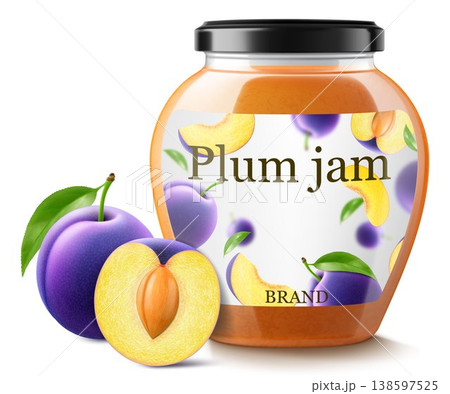 Glass jar with plum jam isolated on white background. Jar of marmalade from juicy blue plums. fresh fruits with leaves. Organic food. Label mockup for jam. Realistic 3d vector illustration Glass jar with plum jam isolated on white background. Jar of marmalade from juicy blue plums. fresh fruits with leaves. Organic food. Label mockup for jam. Realistic 3d vector illustration 138597525