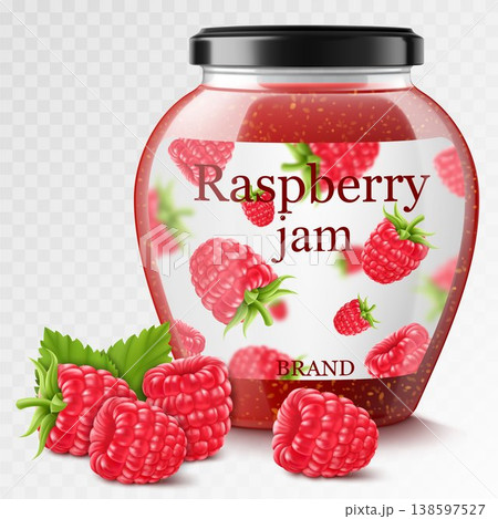 Raspberry jam in a glass jar and fresh berries isolated on white background. Realistic 3d Vector illustration of sweet homemade preserve. Preserved raspberry Compote or Jam, confiture or marmalade . 138597527