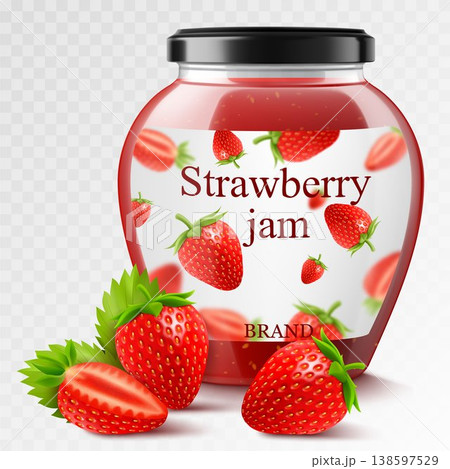 Strawberry jam in a glass jar and fresh berries isolated on white background. Realistic 3d Vector illustration of sweet homemade preserve. Preserved strawberry Compote or Jam, confiture or marmalade . Strawberry jam in a glass jar and fresh berries isolated on white background. Realistic 3d Vector illustration of sweet homemade preserve. Preserved strawberry Compote or Jam, confiture or marmalade . 138597529