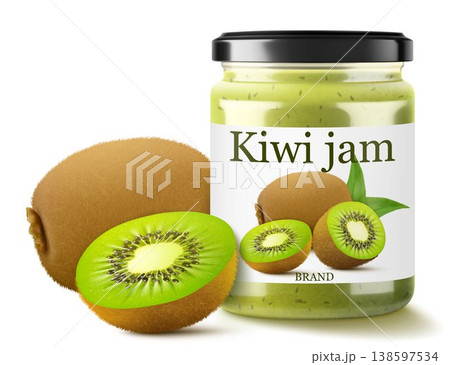 Kiwi jam in glass jar and fresh kiwi fruit. Canned fig fruits. Jam in jars. Homemade preparations and canning. Fruit conservation. Realistic 3d vector illustration. Organic food template. Kiwi jam in glass jar and fresh kiwi fruit. Canned fig fruits. Jam in jars. Homemade preparations and canning. Fruit conservation. Realistic 3d vector illustration. Organic food template. 138597534