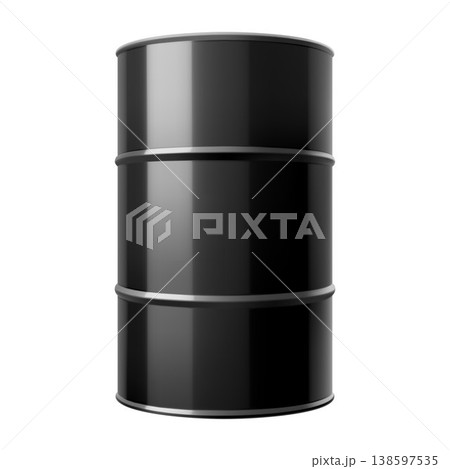 Black metal oil barrel isolated on white background. Realistic 3d vector Illustration. Crude Oil Barrel. Design Template of Packaging for Mockup. 138597535
