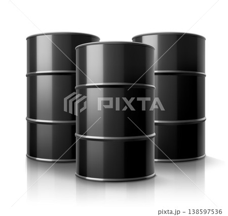 Crude Oil Barrels isolated on white background. Realistic 3d vector Illustration. Black Crude Oil Barrels. Design Template of Packaging for Mockup. 138597536