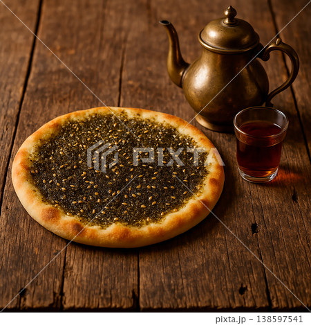 木製テーブルの上のマナキーシュとアラブティー 138597541