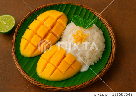 バナナの葉に乗ったタイのスイーツ マンゴー・スティッキー・ライス 138597542
