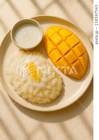 ベージュのプレートに盛り付けられたマンゴー・スティッキー・ライス 138597543