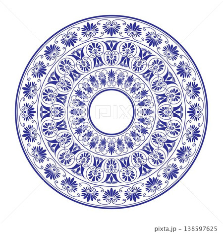 Round frame porcelain plate with blue floral ornament. Elegant circular vector classic Mediterranean pattern. Ancient Greek and Roman ceramic. Palmette, floral motif. Egyptian, Assyrian, Greek motif  138597625
