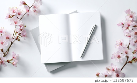 白背景のデスクに開いたノートとペン　桜 138597675