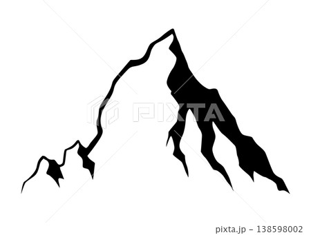 Black mountain, hill and rock silhouette. Vector rocky range and ridge with snow peaks and tops. Mountain nature landscape silhouette, hiking sport, tourism, outdoor adventure and camping themes 138598002