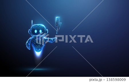 3d robot with lightning above its hand. AI acceleration, performance boost, high speed processing, system optimization, scalable automation, workflow scaling concept 3d robot with lightning above its hand. AI acceleration, performance boost, high speed processing, system optimization, scalable automation, workflow scaling concept 138598009