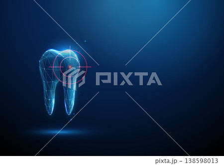 3d tooth inside target crosshair. Precise cavity detection, enamel damage identification, clinical evaluation, monitoring and assessment of tooth condition concept. 138598013