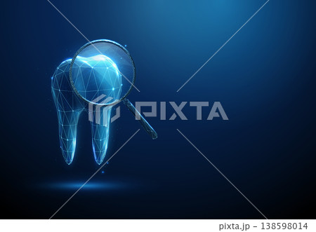 3d blue tooth under magnifying glass. Dental examination, diagnostics, cavity detection, enamel inspection, oral health assessment, clinical dentistry evaluation concept. 138598014