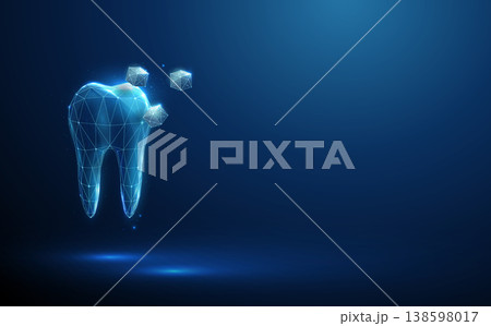 3d blue tooth with sugar cubes. Dental health risk, sugar exposure impact, enamel erosion, cavity formation, caries development, oral hygiene awareness concept. 138598017