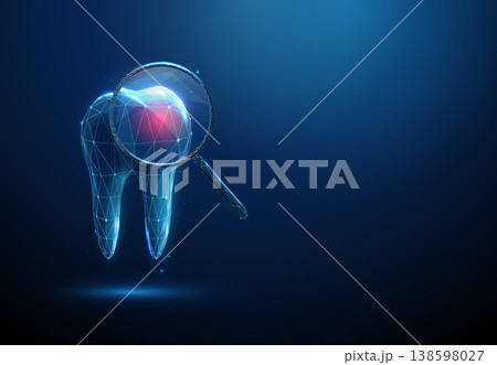 3d tooth under magnifying glass with red spot inside. Dental pain, toothache, cavity identification, caries detection, enamel damage, detailed clinical examination concept. 138598027