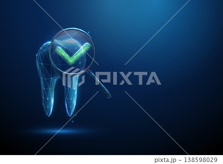 3d tooth under magnifying glass with green check mark inside. Dental checkup approval, healthy tooth confirmation, successful diagnostics, cavity-free result concept. 3d tooth under magnifying glass with green check mark inside. Dental checkup approval, healthy tooth confirmation, successful diagnostics, cavity-free result concept. 138598029