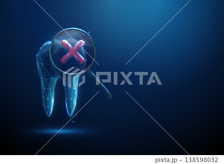 3d tooth under magnifying glass with red cross mark inside Dental problem detection, failed checkup, cavity identification, tooth decay diagnosis, oral health issue concept. 138598032