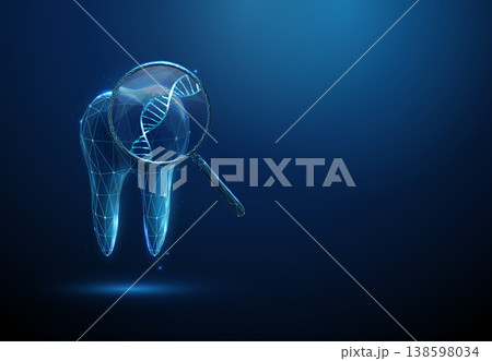 3d tooth under magnifying glass with DNA helix inside. Genetic analysis of dental structure, molecular diagnostics, odontogenesis study, regenerative dentistry concept 138598034