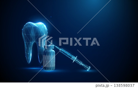 3d tooth with medicine bottle and syringe. Dental treatment, injectable therapy, local anesthesia, medical intervention, pharmacological support, infection control concept. 3d tooth with medicine bottle and syringe. Dental treatment, injectable therapy, local anesthesia, medical intervention, pharmacological support, infection control concept. 138598037