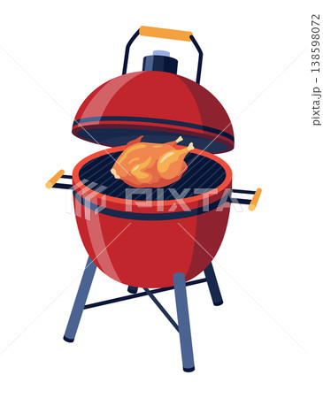 Red barbecue with accessories. Charcoal grill. Red barbecue grill with open lid and modern design features 138598072