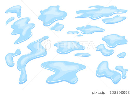 Water spill puddles set. Blue liquid various shape in flat cartoon style. Clean fluid drop design elements isolated on white background Water spill puddles set. Blue liquid various shape in flat cartoon style. Clean fluid drop design elements isolated on white background 138598098