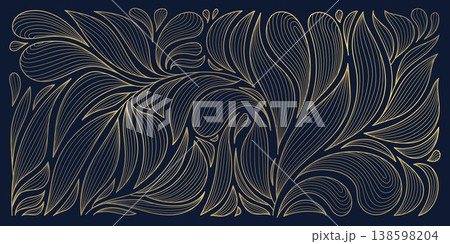 Luxury gold floral line pattern, elegant leaves and flowers on a dark background. Vector art deco illustration, Japanese ornament, Nouveau influences, modern tropical botanical design. Luxury gold floral line pattern, elegant leaves and flowers on a dark background. Vector art deco illustration, Japanese ornament, Nouveau influences, modern tropical botanical design. 138598204
