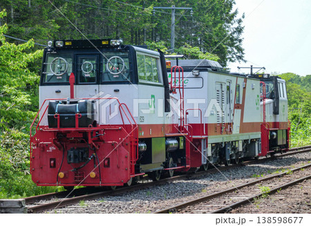 停車中の保線車両DBR600形？ディーゼル機関車レール輸送中　JR函館本線渡島沼尻駅にて 138598677