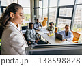 Female manager guides diverse team during agile sprint evaluation 138598828