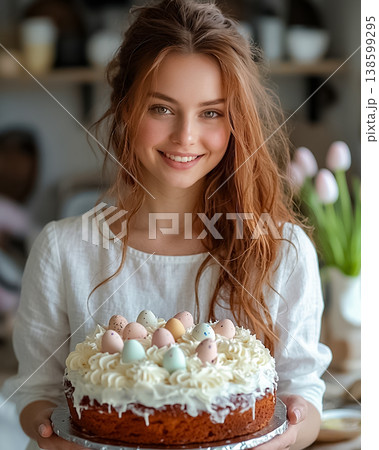 Portrait of beautiful young woman holding festive Easter cake with sugar icing and small eggs and smiling looking at camera with copy-space. 138599295