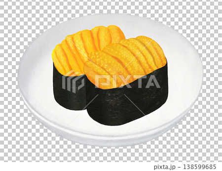 Illustration of sea urchin gunkan sushi on a plate - 2 pieces Illustration of sea urchin gunkan sushi on a plate - 2 pieces 138599685