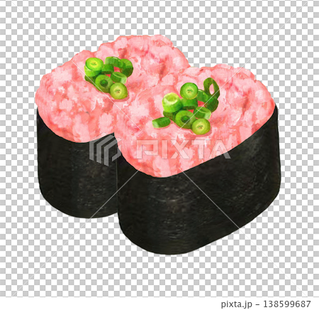 Illustration of Negitoro Gunkan (minced tuna and green onion sushi) - 2 pieces Illustration of Negitoro Gunkan (minced tuna and green onion sushi) - 2 pieces 138599687