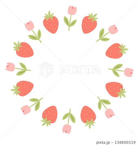 Strawberry wreath with pink tulip flowers frame Strawberry wreath with pink tulip flowers frame 138600319