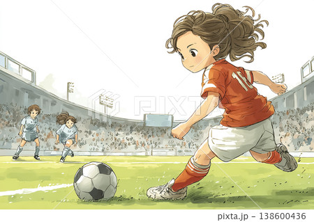 美優シリーズ：サッカーでパスを出す若い女子選手のイラスト素材 138600436