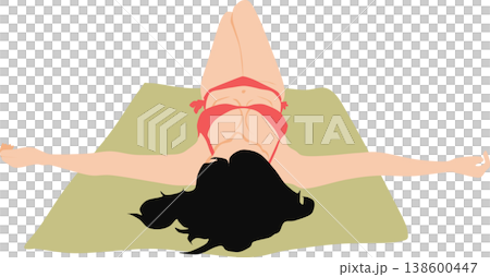 一張照片,照片中一位女子背對鏡頭,身穿泳衣,在鋪著野餐毯的沙灘上享受日光浴。 一張照片,照片中一位女子背對鏡頭,身穿泳衣,在鋪著野餐毯的沙灘上享受日光浴。 138600447