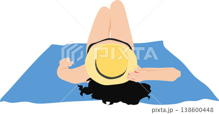 レジャーシートを敷いて砂浜で水着を着て日焼けする女性の後ろ姿の写真 138600448